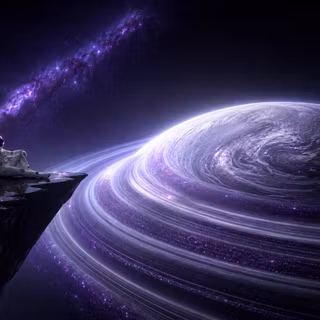 Astronaut Sitting On Cliff Edge Watching Planet Rings And Galaxy