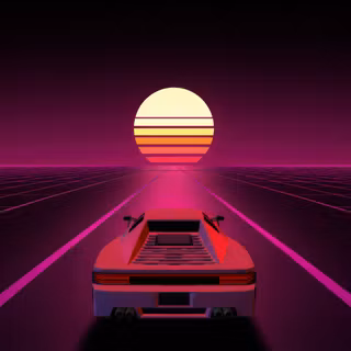 Retro Synthwave 80s Sports Car Driving Toward Sun