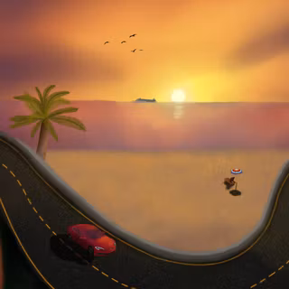 The Open Road Sunset Ocean Red Car