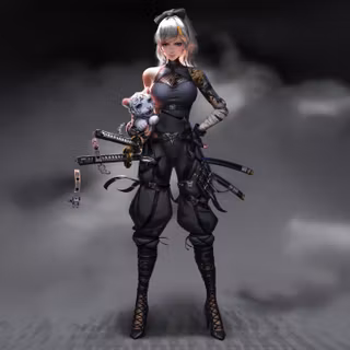 Samurai Girl With Swords And Tiger Cub