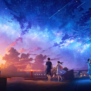 Anime Students And Families Watching Meteor Shower Over Ocean