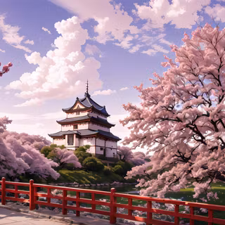 Japanese Pagoda Surrounded By Cherry Blossoms