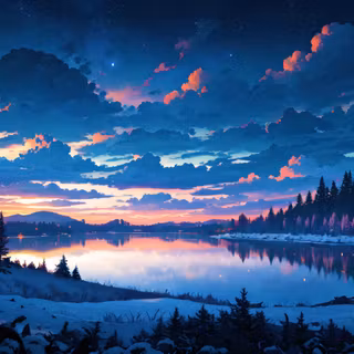 Frozen Winter Lake At Dusk With Pine Forest