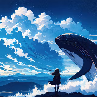 Anime Girl Watching Giant Cosmic Whale Leap Through Clouds