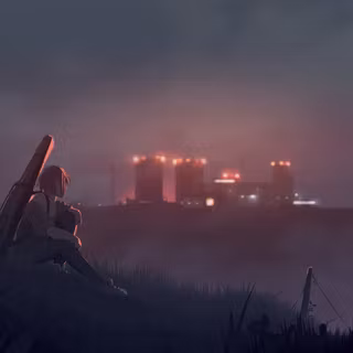 Girl Sitting Alone In Foggy Field Distant Glowing Towers