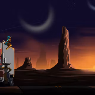 Anime Characters Along Side With Truck In Desert Field