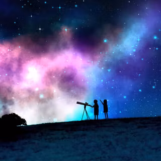 Love Couple With Telescope Under Colorful Nebula Sky