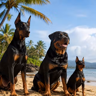 Beach photo of a Doberman, Rottweiler, and Pinscher