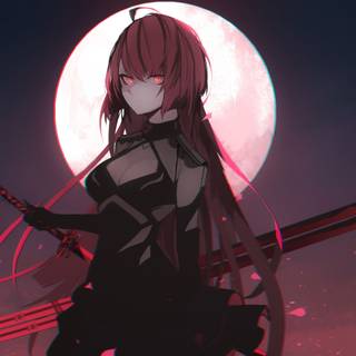 red Anime girl with the moon in the back  4k