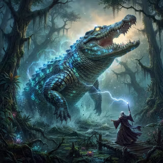 Sorcerer uses a growth spell on a Crocodile