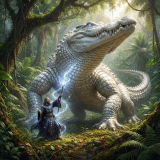 Sorcerer uses a growth spell on a White Crocodile