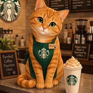 Tabby Cat Helping At Starbucks