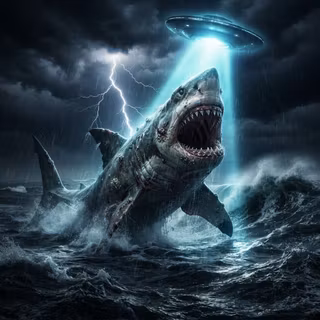 UFO uses growth ray on a Great White Shark