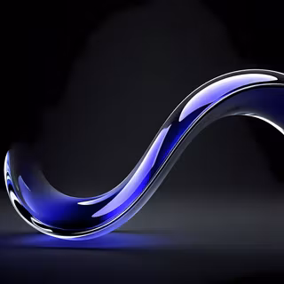 A modern 3D abstract render featuring flowing, transparent glass ribbons with smooth curves and realistic light reflections. Designed with a clean, high-tech aesthetic, perfect as a vibrant desktop background.