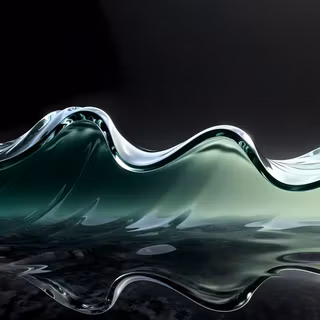 A modern 3D abstract render featuring flowing, transparent glass ribbons with smooth curves and realistic light reflections. Designed with a clean, high-tech aesthetic, perfect as a vibrant desktop background.