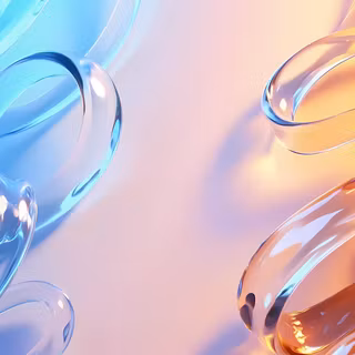 A modern 3D abstract render featuring flowing, transparent glass ribbons with smooth curves and realistic light reflections. Designed with a clean, high-tech aesthetic, perfect as a vibrant desktop background.