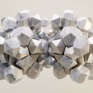 Geometric Marble & Silver Polyhedrons - A high-detail 3D abstract render featuring clustered geometric facets with white veined marble textures, polished metallic silver facets, and subtle iridescent light catches. Set against a clean, light cream backdrop.