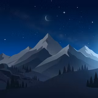 Moonlight Mountain Range - A serene vector art landscape featuring dark, majestic alpine peaks surrounded by pine forests under a starry night sky, highlighted by a glowing full moon and soft galaxy dust.
