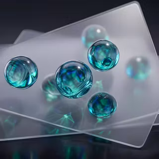 Emerald Glass Orbs & Frosted Glass Panes - A sleek 3D render featuring floating liquid glass spheres with vibrant emerald green refractions set against translucent, stacked frosted glass plates on a dark background.
