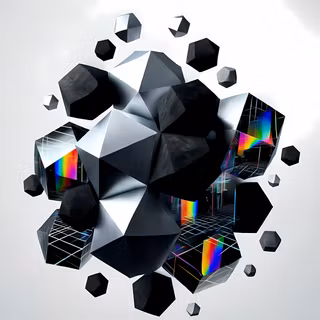 Geometric Prism & Metallic Polyhedrons - A high-concept 3D abstract render featuring floating metallic silver facets, textured matte black blocks, and clear glass prisms refracting vibrant rainbow grids. Set against a clean white and light grey studio backdrop.
