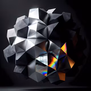 Dark Obsidian & Silver Geometric Sphere - A sophisticated 3D abstract render of a complex spherical cluster featuring brushed silver facets, matte dark obsidian stone, and a striking glass prism core with vibrant rainbow light refractions. Set against a moody black studio backdrop.