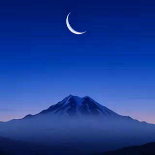 Crescent Moon Over Twilight Mountain - A tranquil vector landscape artwork featuring a solitary, snow-dusted volcanic peak set against a deep blue dusk sky with a glowing crescent moon and a subtle pink horizon gradient.