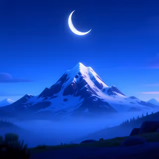 Moonlight Over Snow-Capped Alpine Peak - A vibrant stylized vector digital artwork featuring a majestic snow-covered mountain under a glowing crescent moon, framed by soft night clouds, misty valley hills, and pine treelines.