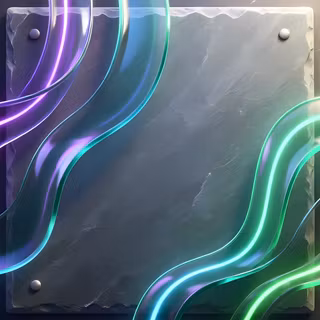 Neon Glass Waves on Slate - A modern 3D abstract artwork featuring glowing, translucent glass ribbons in vibrant purple, cyan, and neon green sweeping across a chiseled dark slate background.