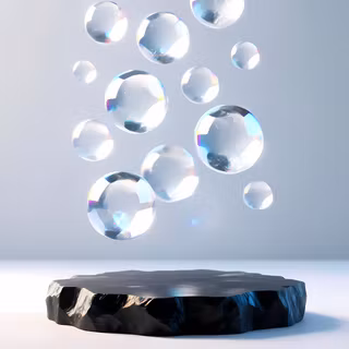 Floating Crystal Orbs Above Dark Stone Podium - A clean 3D product display render featuring floating iridescent glass spheres with brilliant prism reflections suspended over a raw, dark stone pedestal set against a bright studio backdrop.