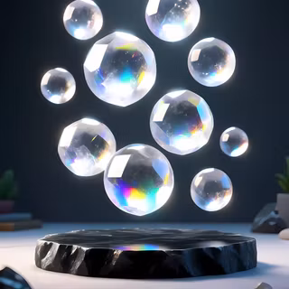 Iridescent Crystal Orbs over Dark Slate Stage - A moody 3D product showcase featuring glowing, faceted glass spheres floating above a dark slate platform, filled with vibrant spectrum refractions against a dark ambient interior backdrop.