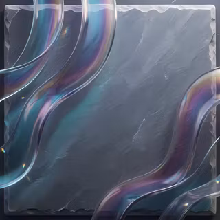 Iridescent Glass Waves on Slate - A modern 3D abstract render featuring flowing, iridescent glass ribbons with brilliant spectrum reflections sweeping across a chiseled dark slate background.