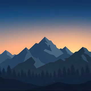 Alpine Sunset Vector Landscape - A minimalist landscape illustration of jagged mountain peaks set against a clear twilight gradient sky transitioning from warm sunset orange to deep navy blue, bordered by dense pine forest treelines in the foreground.