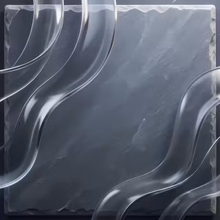 Monochromatic Glass Waves on Slate - A minimalist 3D abstract render featuring clear, flowing glass ribbons with subtle silver highlights sweeping across a chiseled dark slate background.