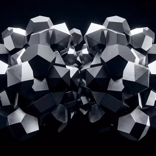 Dark Gunmetal Geometric Polyhedrons - A high-contrast 3D abstract render featuring clustered polyhedral facets in brushed gunmetal and polished silver, arranged in a dense floating structure against a deep black backdrop.