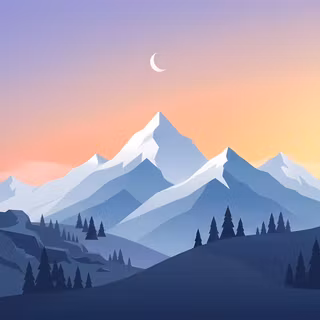 Dawn Over Snow-Capped Mountains - A serene vector landscape illustration of low-poly alpine peaks illuminated by a rising sun and a faint crescent moon, set against a soft pastels gradient sky with pine forests in the foreground.