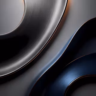 Metallic Arc Sweeps - A sleek, dark abstract render showing concentric brushed silver and deep cobalt blue arcs rimmed with micro copper accents on a dark gradient background.