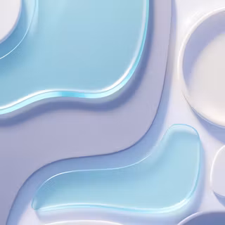 Light Pastels Liquid Glass Composition - A top-down abstract 3D render featuring smooth frosted glass blobs, pastel purple layers, and rounded geometric podium shapes in bright light tones.