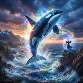 Sorcerer uses a growth spell on an Orca Whale