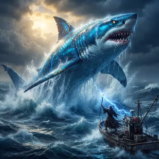 Sorcerer uses a growth spell on a Great White Shark
