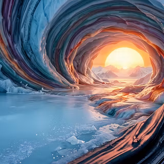 Rainbow Ice Cave Sunset - A surreal natural landscape render featuring a swirling glacial ice cave with layered rainbow strata opening up to a glowing Arctic arctic sunset framed by distant mountains.