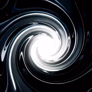 Monochromatic Chrome Swirl - A high-contrast dark abstract render showing glossy liquid chrome ribbons spiraling into a brilliant white focal core against a pitch-black background.