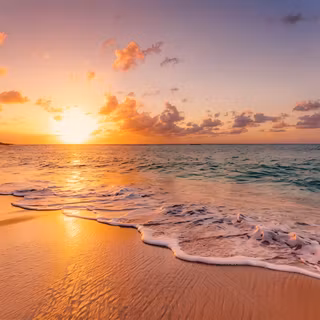 Golden Sunset Over Tropical Beach - A vibrant seascape photograph capturing the warm orange glow of a setting sun reflecting across calm ocean waves breaking gently onto a sandy shore, set under a sky filled with scattered clouds.