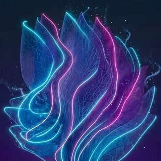 Glowing Neon Wireframe Lotus - A futuristic 3D abstract artwork featuring an intricate geometric mesh structure shaped like blooming lotus petals, illuminated with vibrant electric cyan and magenta neon edges and floating luminescent dust particles against a dark ambient background.