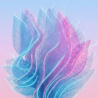 Pastel Wireframe Bloom - A light, ethereal 3D abstract artwork featuring translucent wireframe petal structures in soft cyan and violet hues, outlined with gentle glowing neon curves set against a smooth gradient background of pale blue and blush pink.