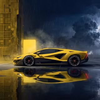 Yellow Supercar in Stormy Cyberpunk City - A dramatic digital render featuring a vibrant yellow sports car parked on wet asphalt next to a glowing yellow mega-structure, reflecting in puddles beneath a rainy night sky punctuated by lightning.