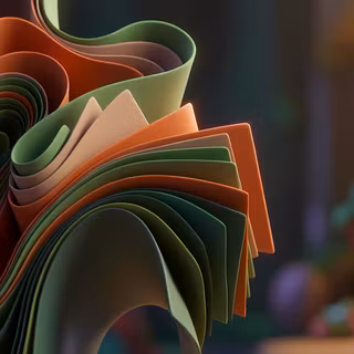 Warm Terracotta & Sage Paper Swirls - A smooth 3D abstract artwork featuring sweeping, layered ribbons of matte terracotta orange, sage green, and beige, set against a softly blurred, colorful background with gentle depth of field.