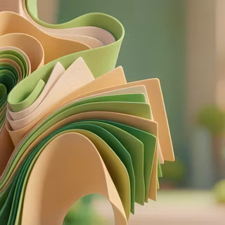 Earthy Green & Beige Paper Waves - A light 3D abstract artwork featuring flowing, layered matte ribbons in soft sage green, forest green, warm cream, and beige, set against a softly blurred interior background.