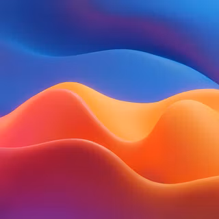 Vibrant Sunset Dunes - A smooth 3D abstract artwork featuring rolling, liquid-like dunes flowing with vibrant gradients of warm orange, hot pink, deep purple, and rich royal blue.