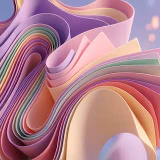 Pastel Rainbow Paper Swirls - A dreamy 3D abstract render featuring flowing, fan-like layered ribbons in soft lavender, pastel pink, butter yellow, and mint green hues, set against a whimsical, softly lit background.