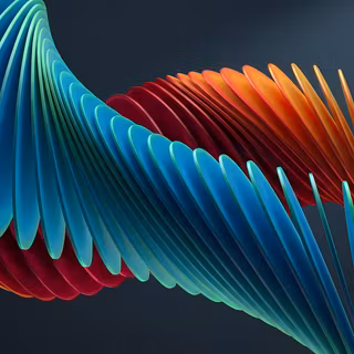 Vibrant Twisted Fins Helix - A striking 3D abstract artwork featuring an array of overlapping, fan-like fins spiraling in a fluid helix wave, showcasing vibrant gradients of royal blue, cyan, crimson red, and fiery orange against a dark slate background.
